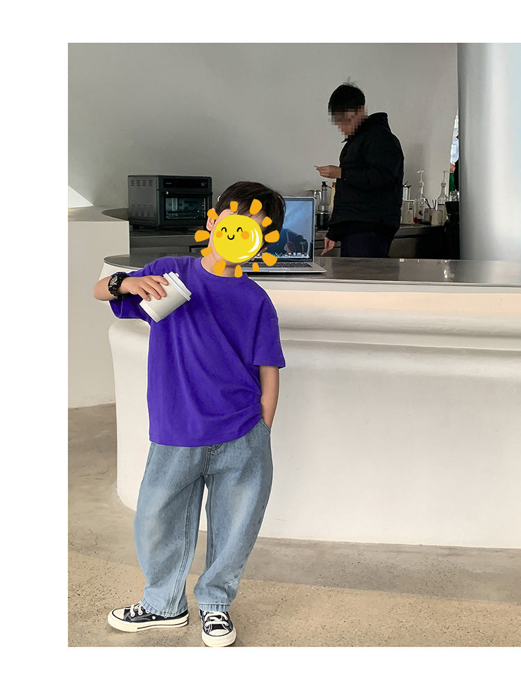 Z25030409含棉純色童裝男女短袖t恤衫夏季幼稚園班服兒童寶寶半袖上衣批發