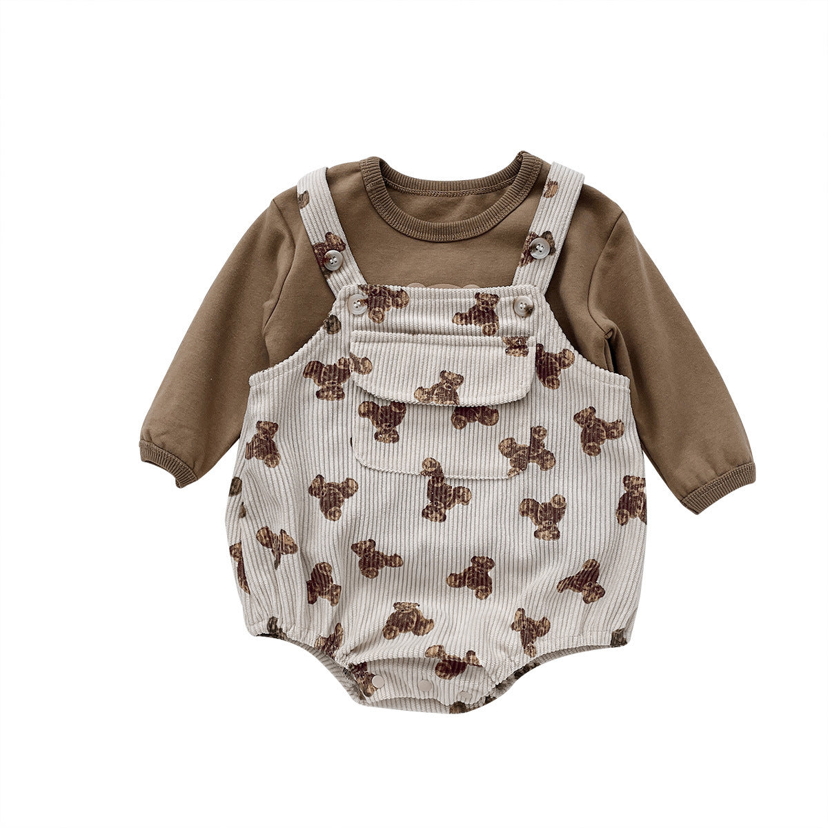 G231116018嬰兒秋季新款背帶套裝2023小熊背帶哈衣長T恤兩件組洋氣寶寶爬服