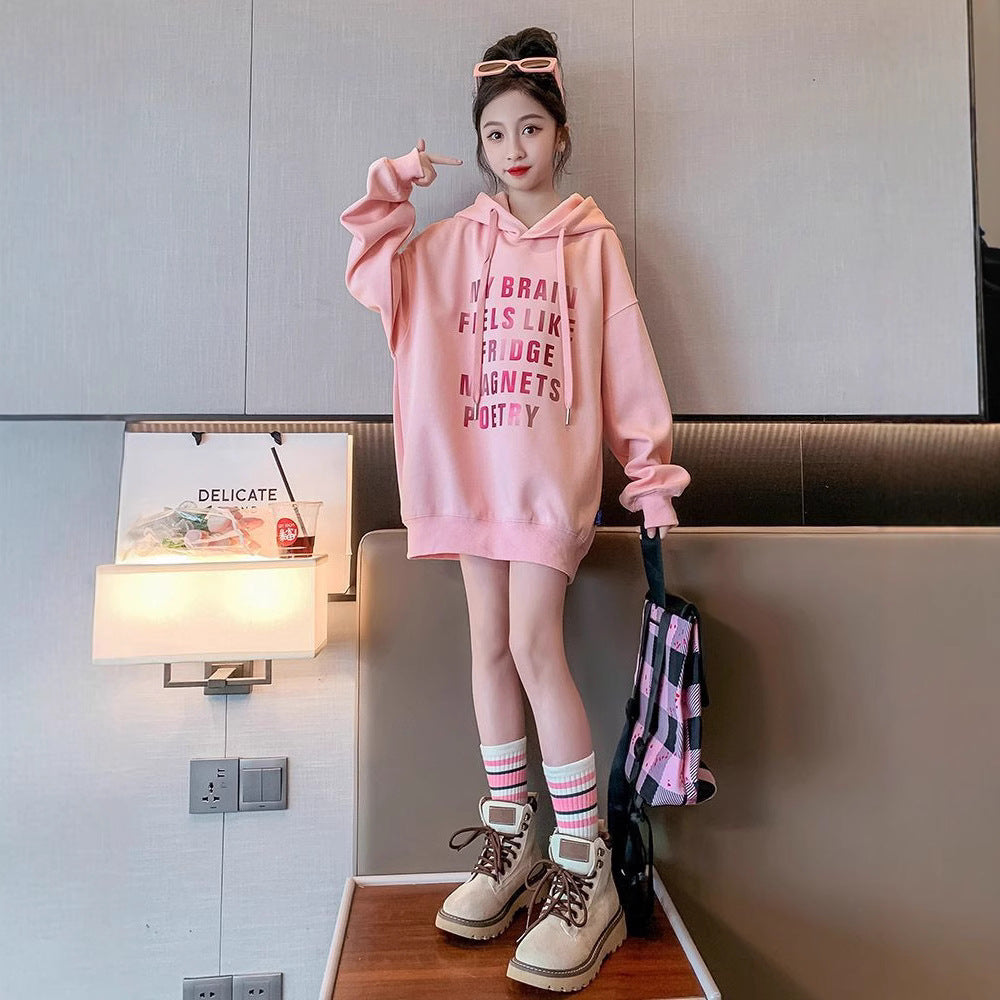 Z25010135女童加絨秋冬款中長款衛衣新款寬鬆中大童冬款加厚一體加絨上衣