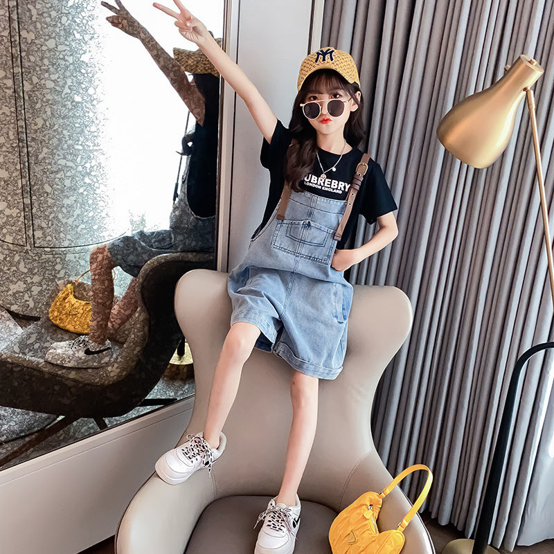 Z25033115女童牛仔背帶褲春夏季女孩兒童裝褲子韓版百搭薄款中大童休閒短褲