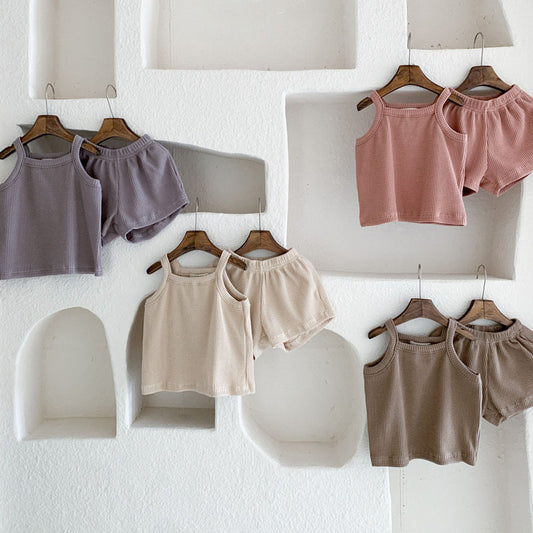 GB24031709韓版ins童裝嬰幼兒夏季男女童薄棉親膚寶寶華夫格吊帶短褲套裝