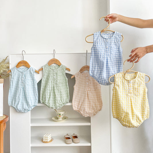 G25051415童裝2025年新款嬰兒無袖格紋包屁衣韓版款三角哈衣男寶小女孩爬爬服