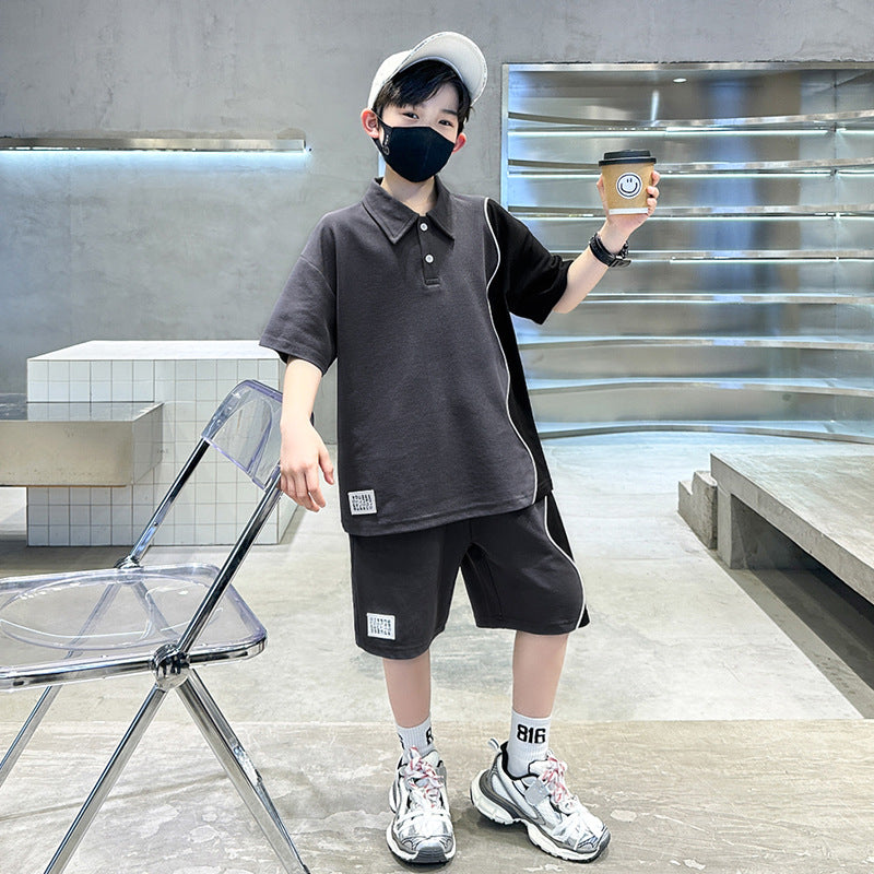 🎈精品童裝🎈FH25062701男童套裝夏季中大童夏裝男孩個性拼接短袖休閒運動兩件套