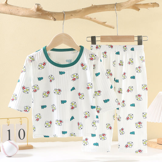 CD25050309兒童夏款空調服男女童夏季薄款透氣睡衣套裝寶寶七分袖家居服批發