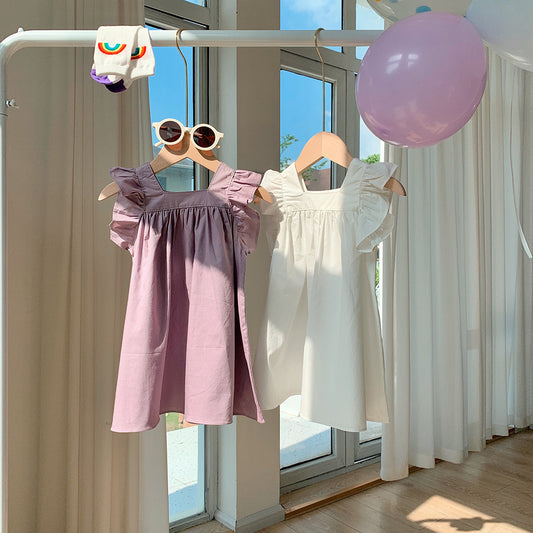 J24022904小清新兒童荷葉邊小白裙白T恤 女童純棉小飛袖洋裝短袖夏款