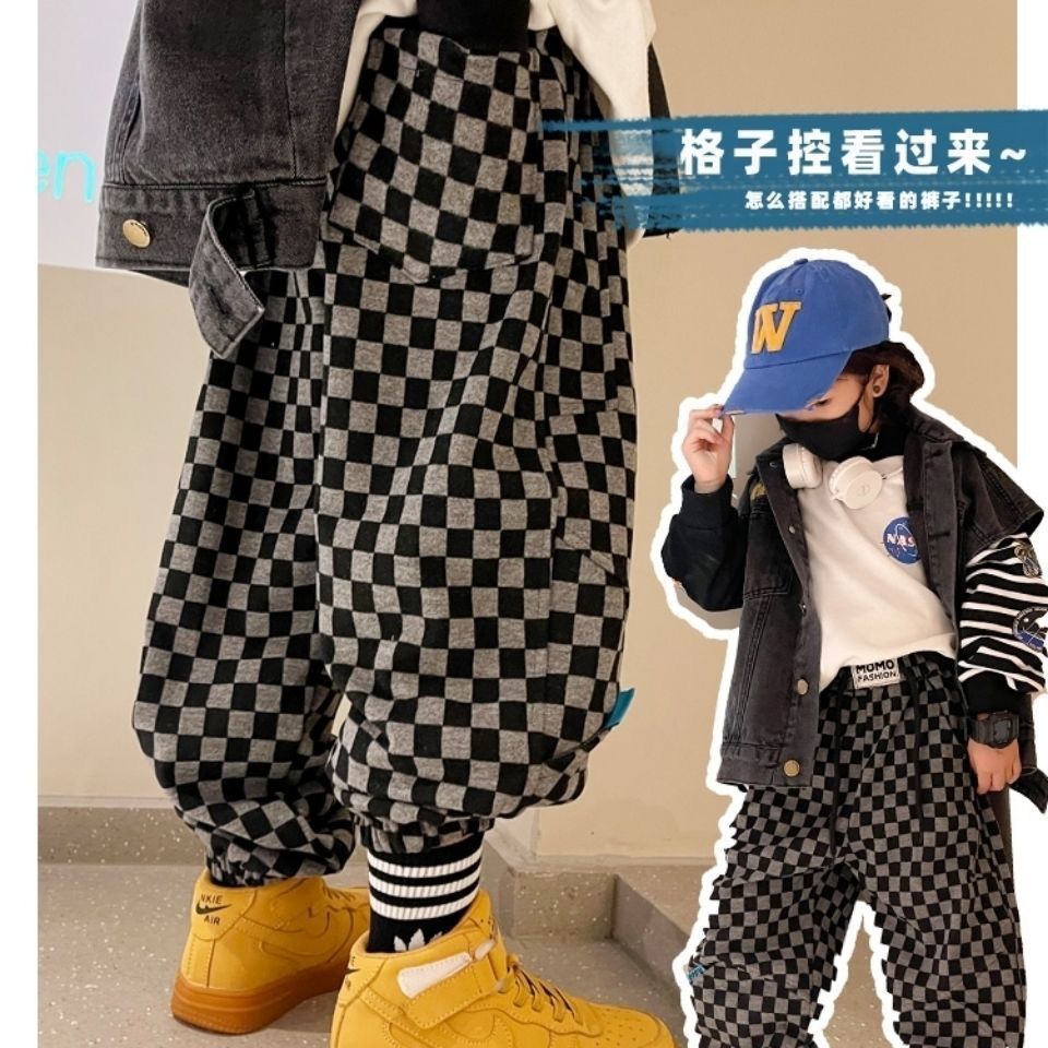 FB23081726男童春秋季褲子2023新款韓版男孩簿款格子休閒長褲兒中大童束腳褲