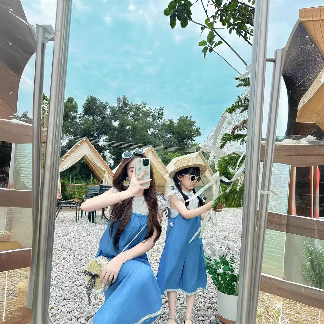 L25041710韓國童裝2025夏季親子裝母女牛仔吊帶褲女童洋氣娃娃領父子polo衫