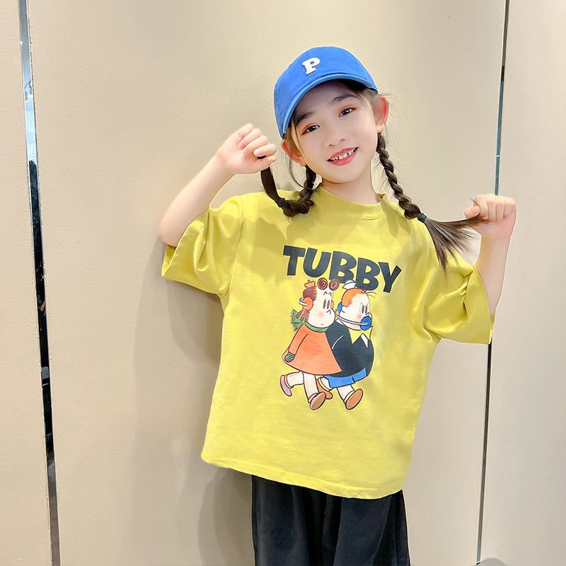 Z25030434女童短袖純棉洋氣兒童t恤女童夏季寬鬆前後印花半袖上衣童裝潮