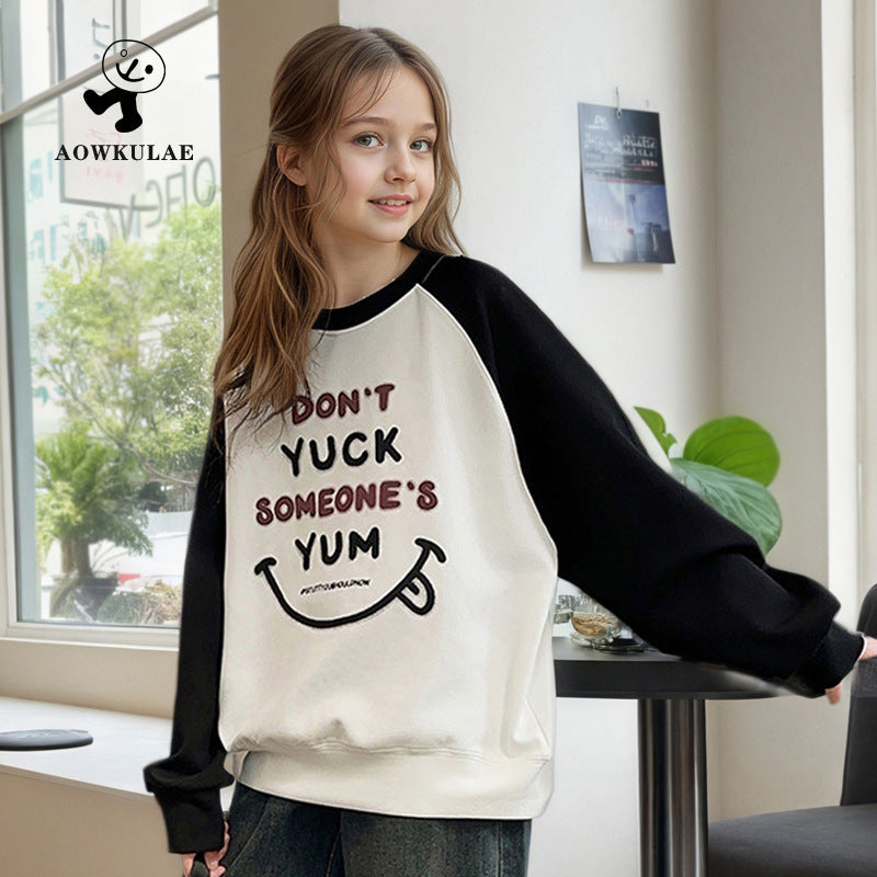 FI25101408女童秋季韓版新款百搭長袖衛衣中大童寬鬆撞色上衣兒童衛衣批發