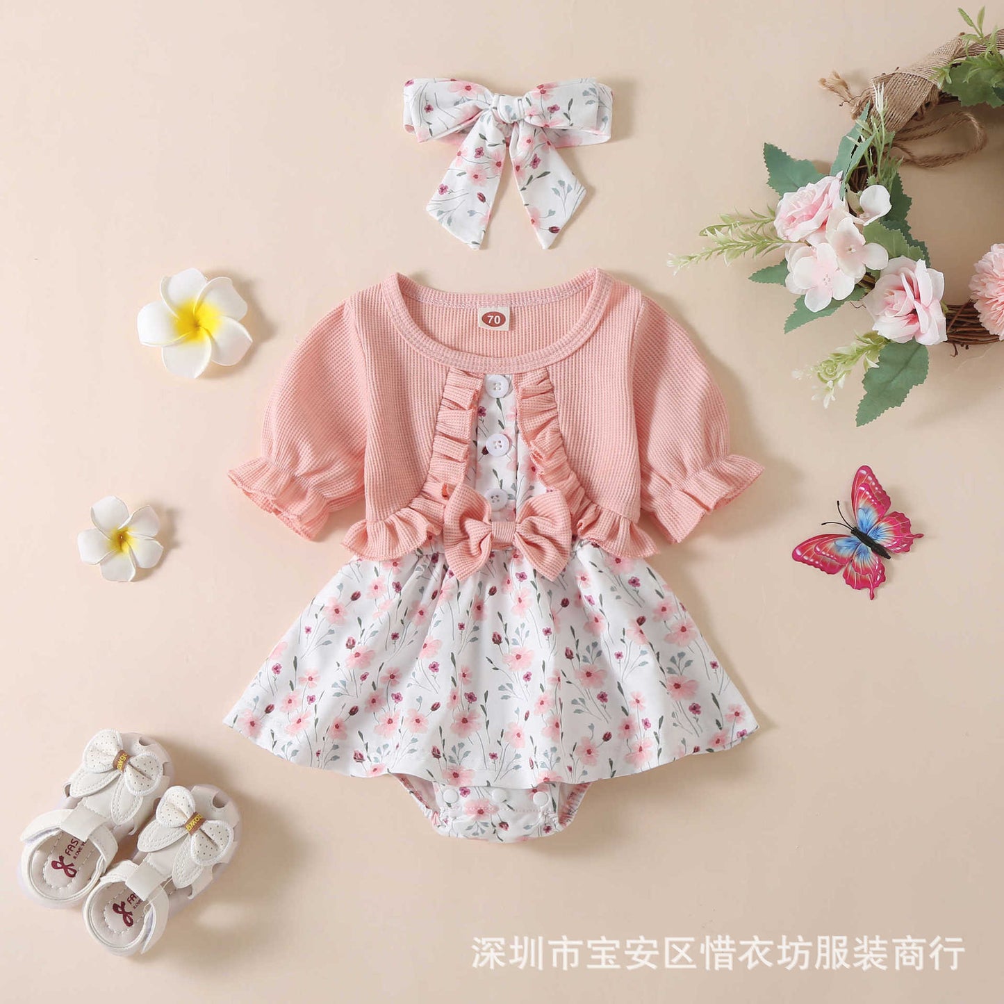 A25072308春夏新款嬰幼兒連身衣女童短袖假兩件蝴蝶結印花裙包屁哈衣