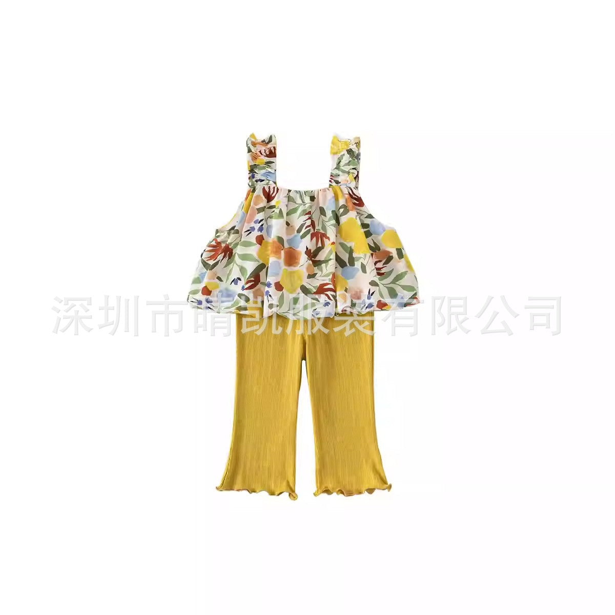 A25072304女童碎花吊帶套裝夏季女寶寶無袖背心喇叭褲兩件套
