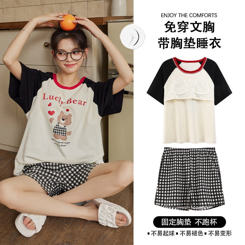 Z25040107自備胸墊睡衣女夏季純棉短袖簡約條紋可外穿學生家居服套裝