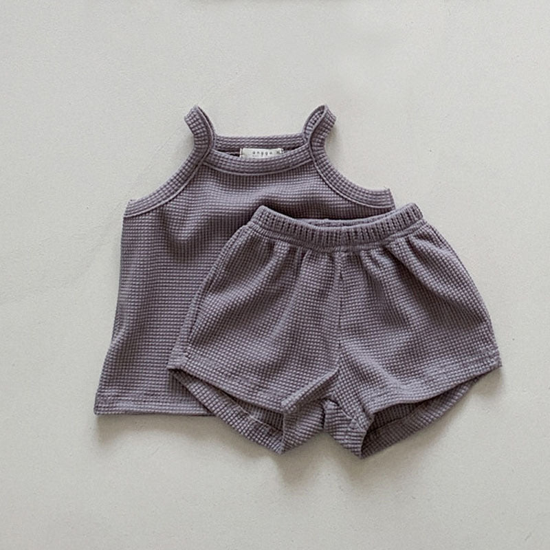 GB25032406韓版ins童裝嬰幼童夏季男女童薄棉親膚寶寶華夫格吊帶短褲套裝