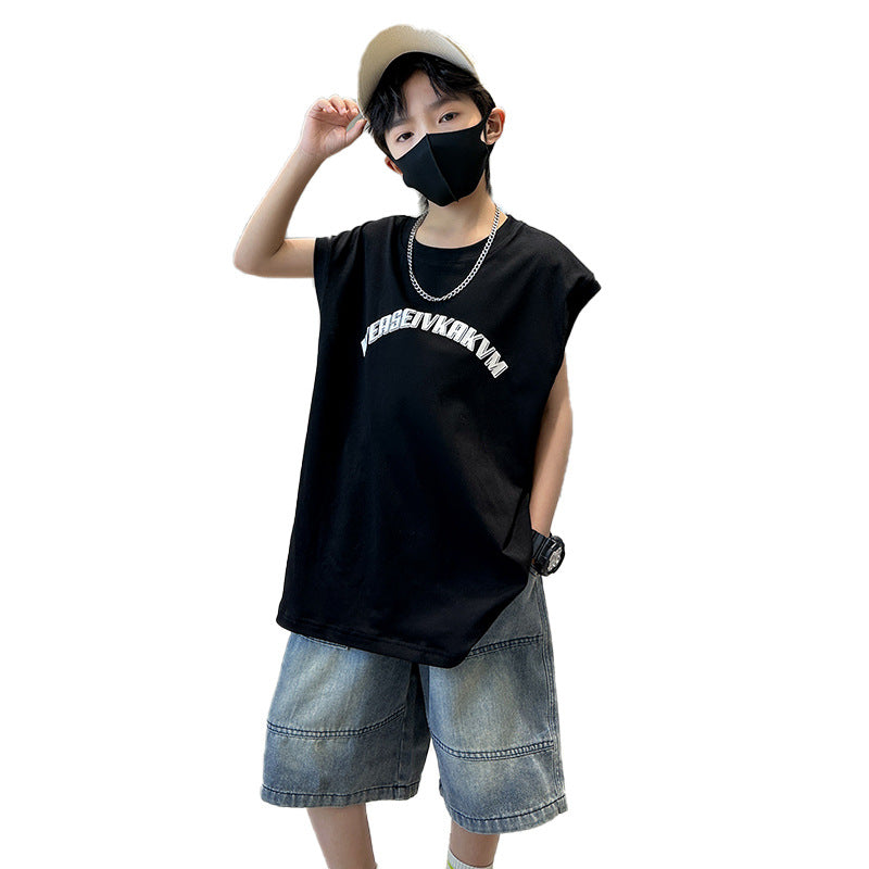 🎈精品童裝🎈FH25062703童裝男童夏季紅色背心套裝中大童男孩休閒T卹坎肩兩件套