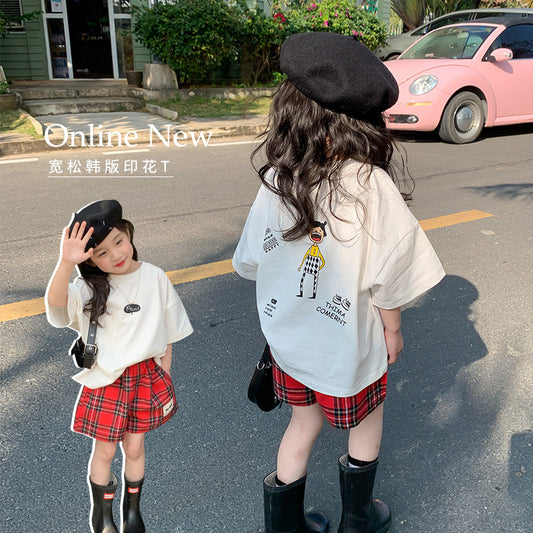 Z25030430女童短袖純棉洋氣兒童t恤女童夏季寬鬆前後印花半袖上衣童裝潮