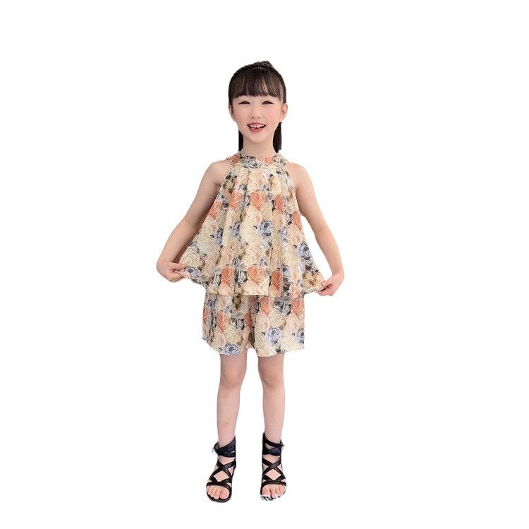 A25072303女民族風夏季新款女童無袖套裝兒童女孩洋氣薄款雪紡中小童