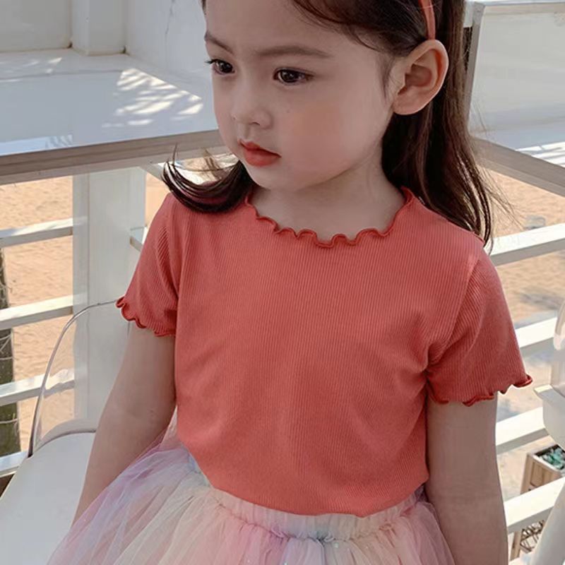 CA23072728新款女童木耳邊夏裝寶寶洋氣打底衫短袖冰絲圓領T恤兒童上衣