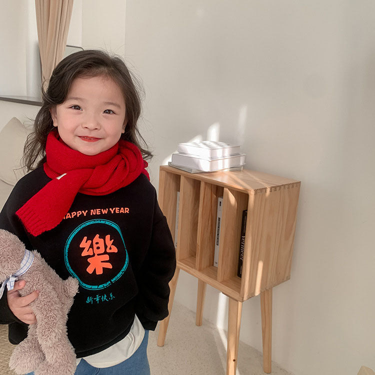 CA24011803新款女童過年平安喜樂衛衣加絨加厚圓領拜年服紅色寶寶兒童上衣潮