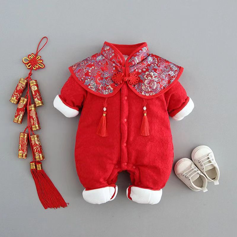 Z23121409新生嬰幼兒衣服秋冬裝冬季加厚拜年服男女寶寶新年裝過年冬連身衣(9-12天到貨)