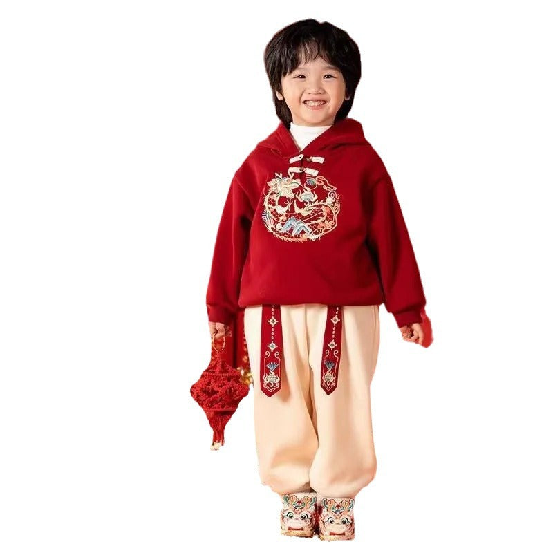 Z24110118兒童拜年服套裝男童秋冬漢服新年服寶寶唐裝過年紅色衛衣兩件套