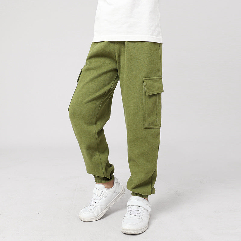 FI25101415秋季童褲韓版新款男童休閒褲中大純童運動色工裝褲女童褲子批發