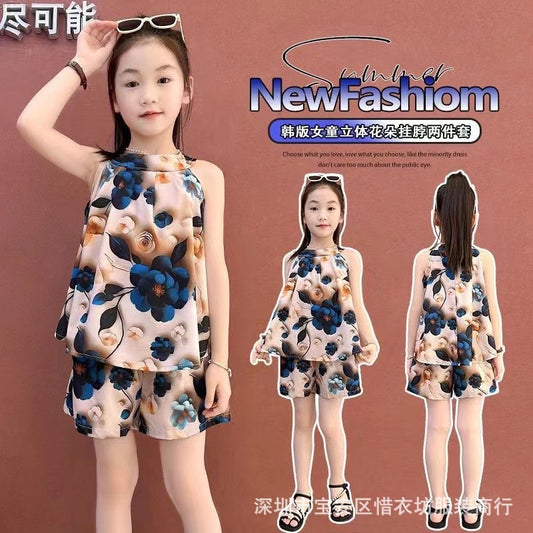 A25072303女民族風夏季新款女童無袖套裝兒童女孩洋氣薄款雪紡中小童