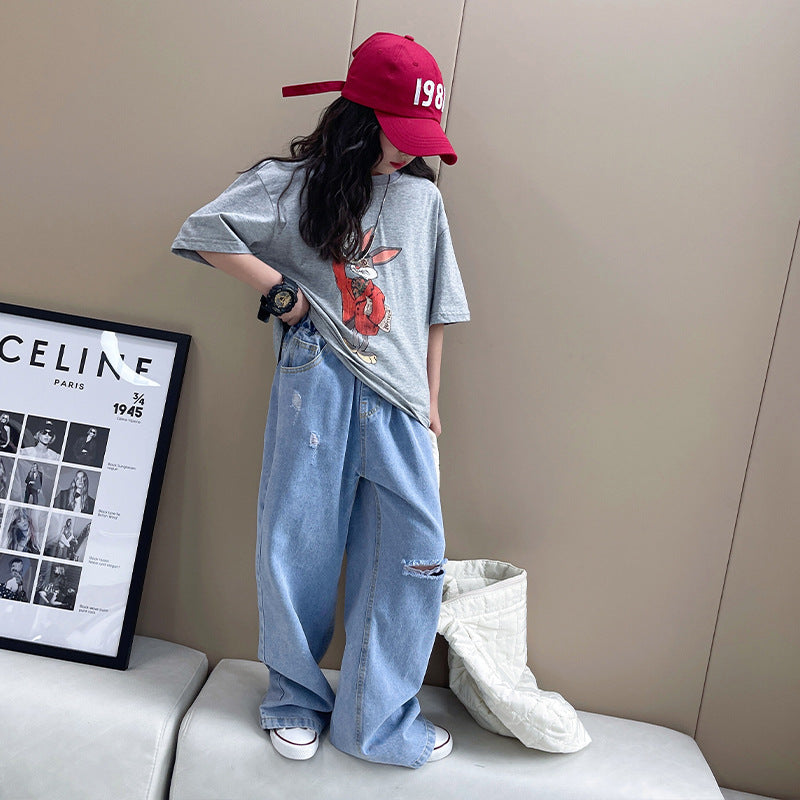 Z25030424童裝女童夏裝短袖T恤新款寬鬆卡通印花兒童男孩夏季潮服大童帥氣