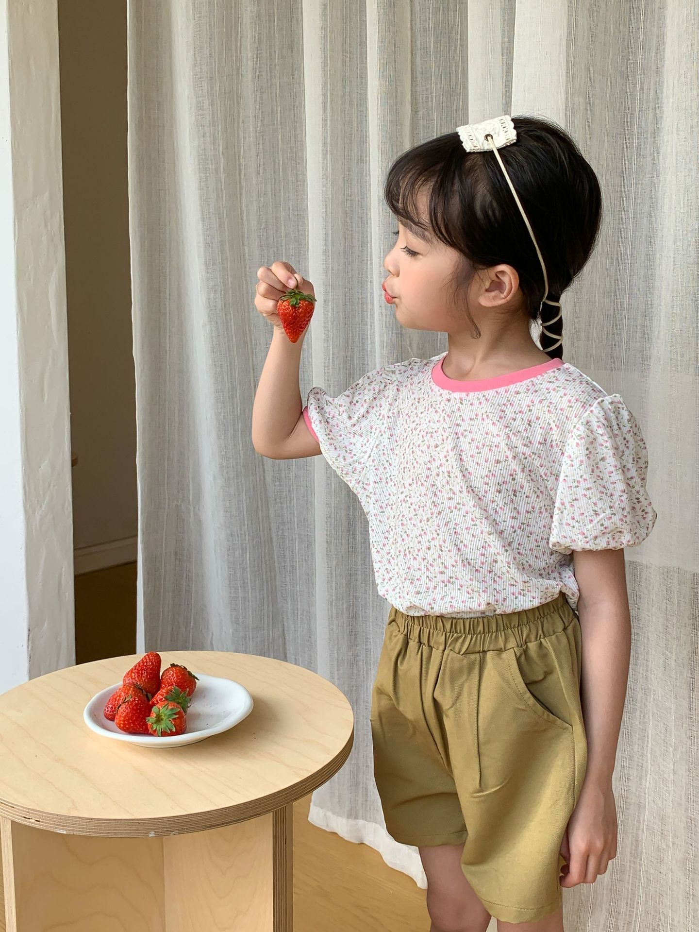 J24022919外貿韓版童裝女童春夏季時尚洋氣粉紅泡泡袖針織衫兒童短袖上衣潮