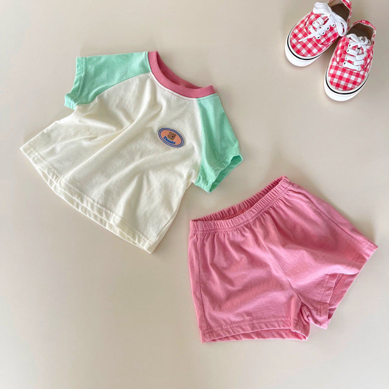 GB23080328嬰兒ins夏裝撞色潮搭T恤+短褲兩件套男女寶寶卡通薄舒適棉套裝