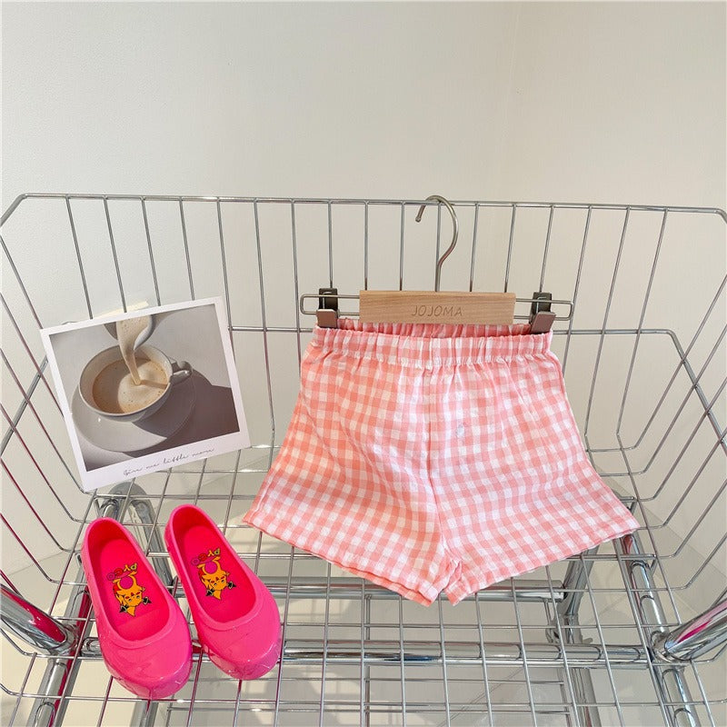 CA23072710夏季沙灘褲外穿百搭格子褲運動褲韓國休閒褲男女童格子短褲