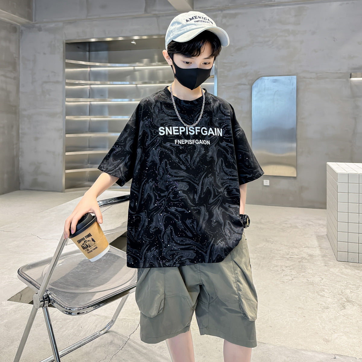 🎈精品童裝🎈FH25062707男童個性撒銀工藝T恤夏季新款大兒童裝夏款圓領短袖上衣潮