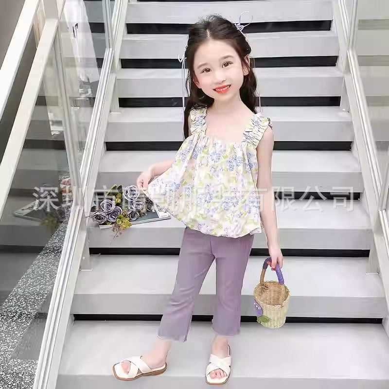 A25072304女童碎花吊帶套裝夏季女寶寶無袖背心喇叭褲兩件套