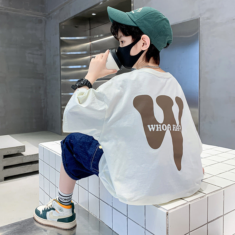 Z25030413男童短袖純棉t恤新款夏季字母洋氣寬鬆半袖t韓版男孩上衣兒童裝