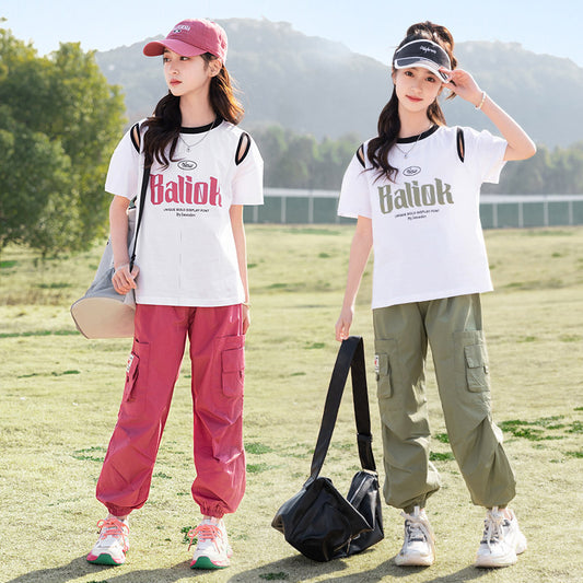 FE24070106新品夏季休閒風女大童套裝白色短袖長褲兩件套(9-12天到貨)