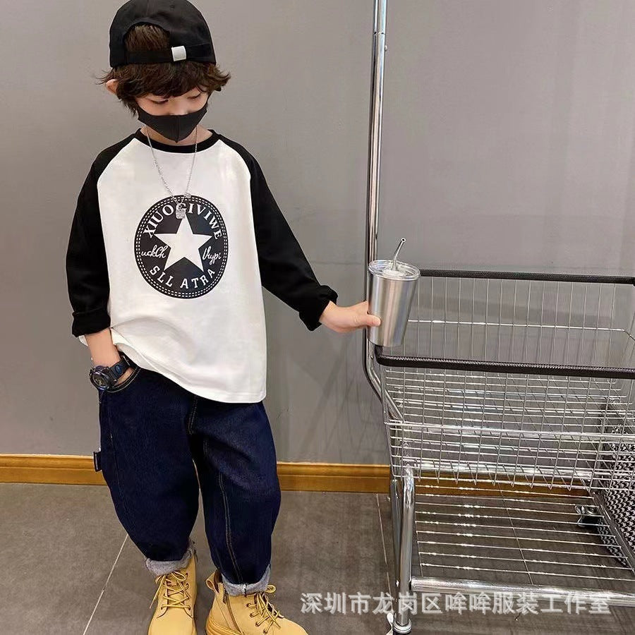 Z25030925  100%純棉兒童長袖春秋男童潮流韓版上衣T恤中小童爆款外穿插色衫