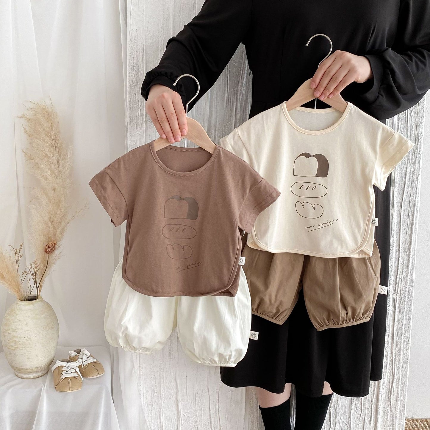 Z25022321夏季薄款男女寶寶短袖T恤上衣嬰幼兒寬鬆短褲褲子韓國版ins童裝套裝