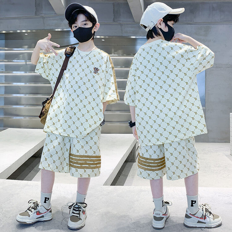 FC24040715男童夏裝薄款T卹短褲洋氣兩件套中大童炸街2024新帥氣寬鬆套裝(9-12天到貨)