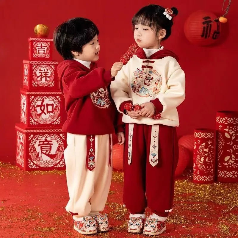 Z24110118兒童拜年服套裝男童秋冬漢服新年服寶寶唐裝過年紅色衛衣兩件套