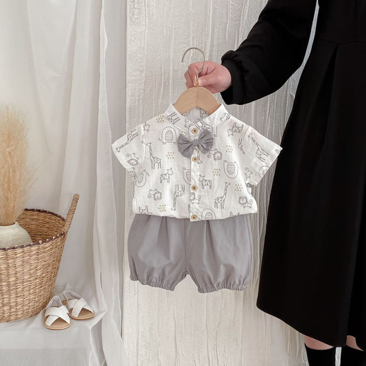 G25051405 夏季韓國男童套裝禮服 0-4歲短袖襯衫短褲帶領結帥氣嬰兒寶寶歲
