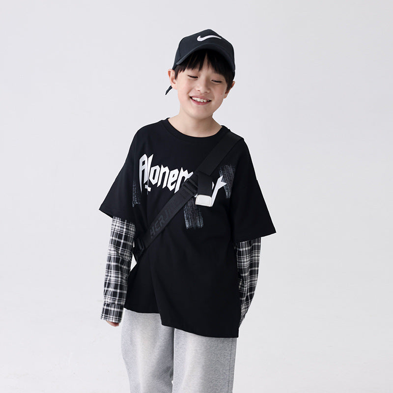 FF24102501新品男童打底衫上衣秋季湖州織裡童裝格紋袖假兩件兒童長袖t恤(9-12天到貨)