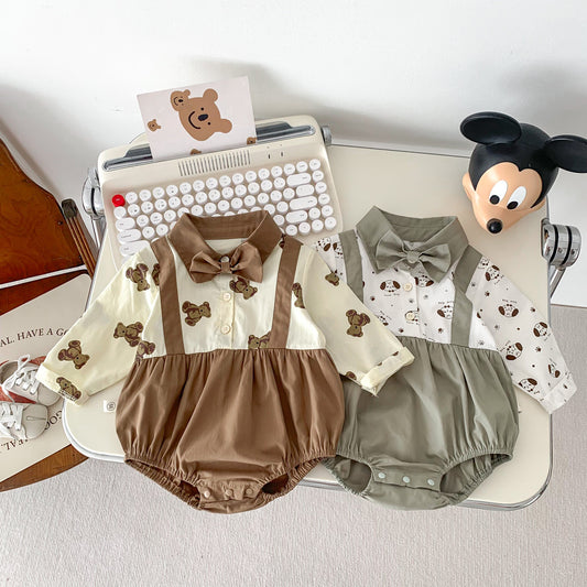 G231116019新款秋季寶寶卡通印花蝴蝶結長假兩件洋氣哈衣連身衣爬服