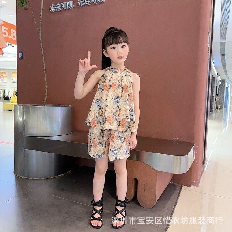 A25072303女民族風夏季新款女童無袖套裝兒童女孩洋氣薄款雪紡中小童