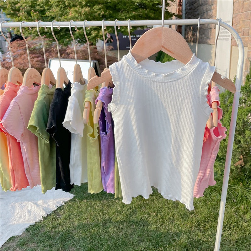 CA23072711新款韓範童裝女童夏季木耳捲邊短袖T恤女寶寶糖果色背心