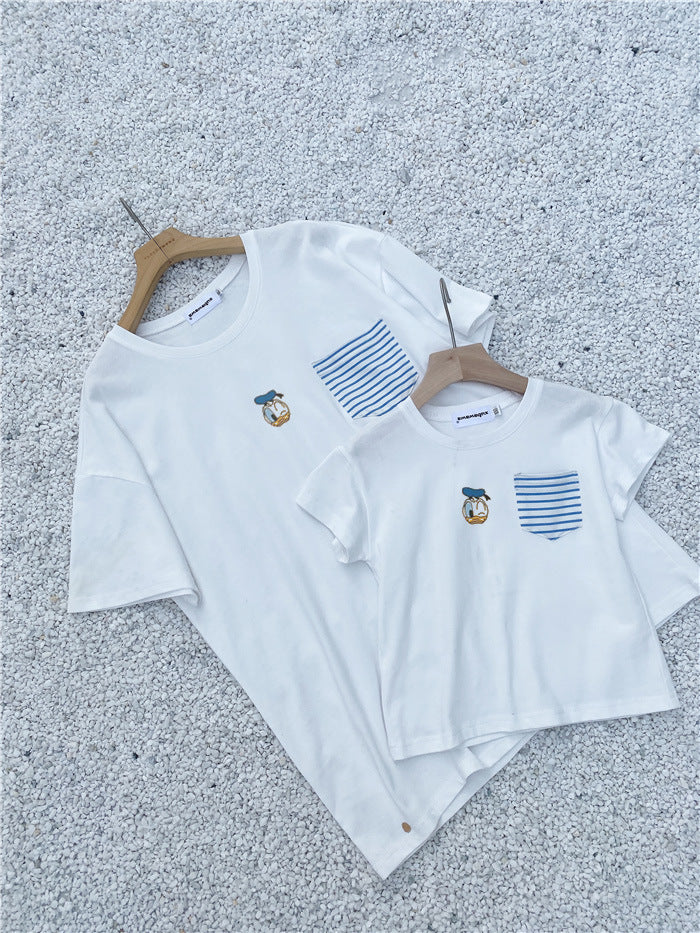 L23070617夏海軍風親子裝一家三四口母子母女媽媽裙嬰兒爬服洋氣短袖潮