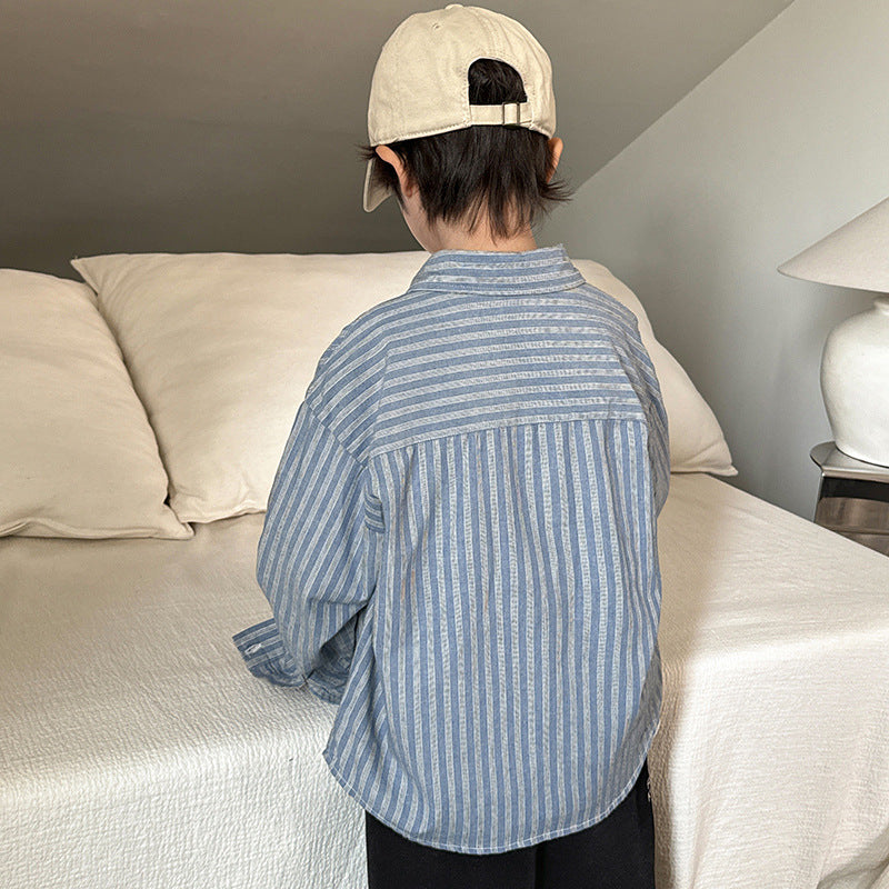 GJ25082704秋季新男童韓版秋裝長袖條紋襯衫童裝衣服兒童中大童