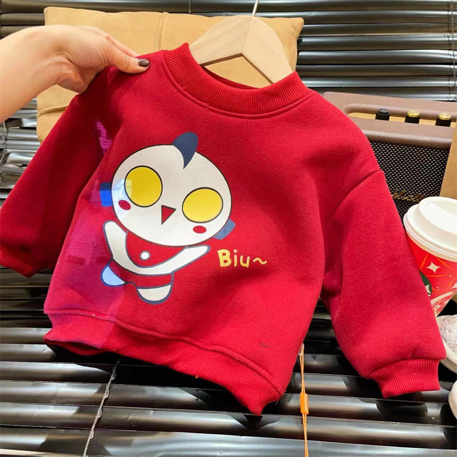 Z24110119拜年服男童加絨衛衣秋冬季兒童紅色加厚上衣女寶過年喜慶打底服龍