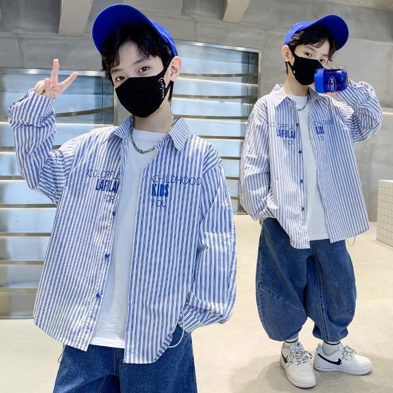 FD24010414男童長袖襯衫春季新炸街中大童休閒男孩條紋兒童春秋上衣寸衣潮