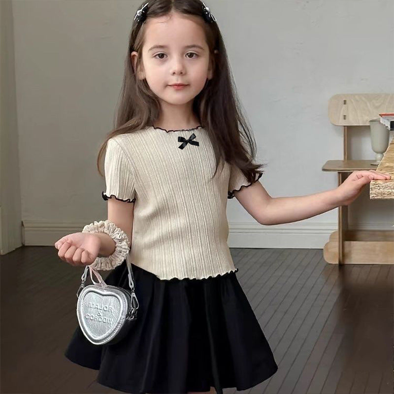 Z25030904女童韓版木耳邊短袖夏裝新款洋氣冰絲上衣涼感蝴蝶結百搭上衣T恤