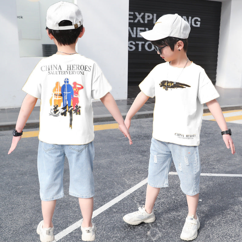 F23050219男童套裝2023夏裝新款寬鬆九分薄款防蚊褲兩件套-中大童