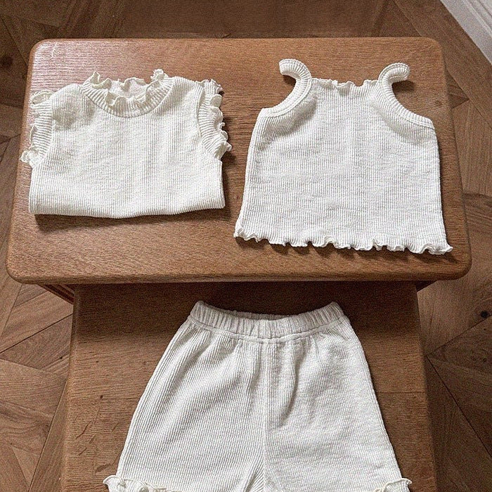 GF25061710ins韓版嬰童寶寶夏季純棉坑條木耳邊背心上衣短褲套裝高彈外出服